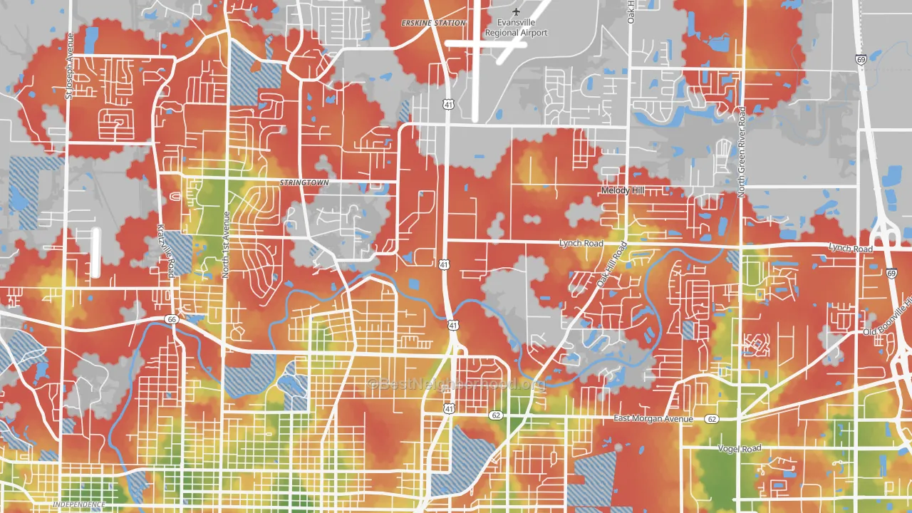 Walk Grade map of 47711, IN, walkable areas in green and car-dependent areas in red