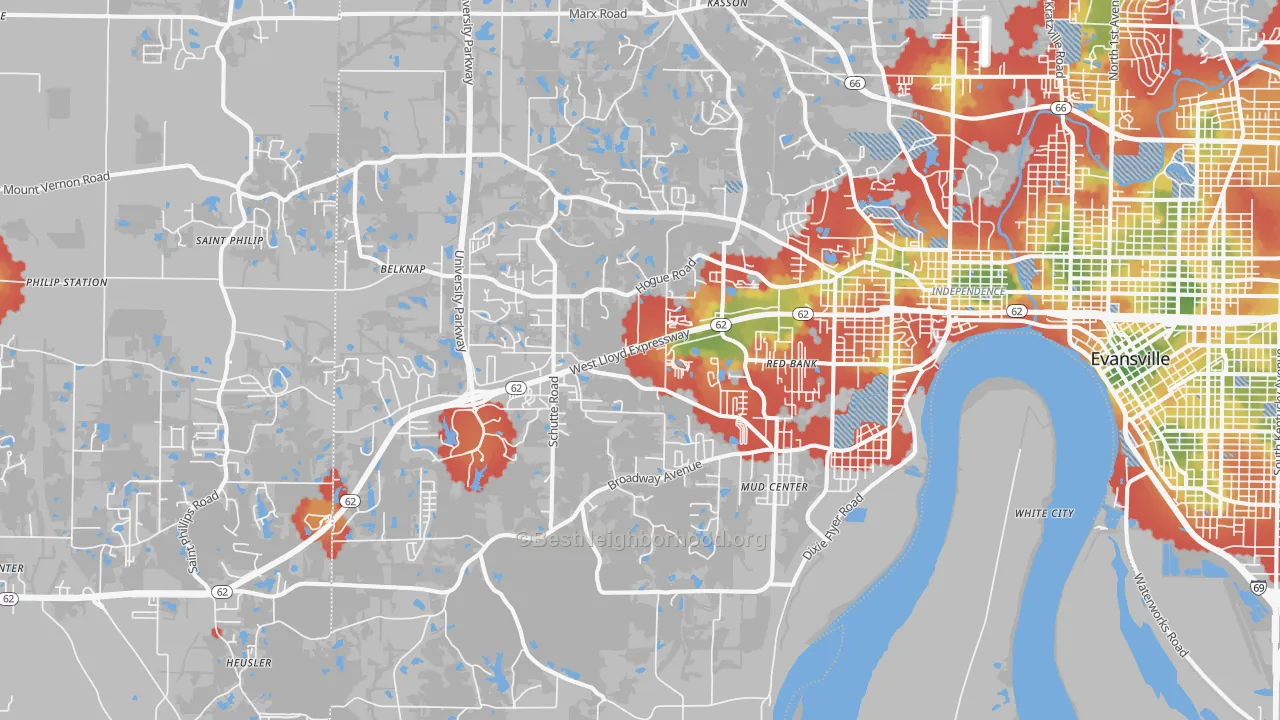 Walk Grade map of 47712, IN, walkable areas in green and car-dependent areas in red