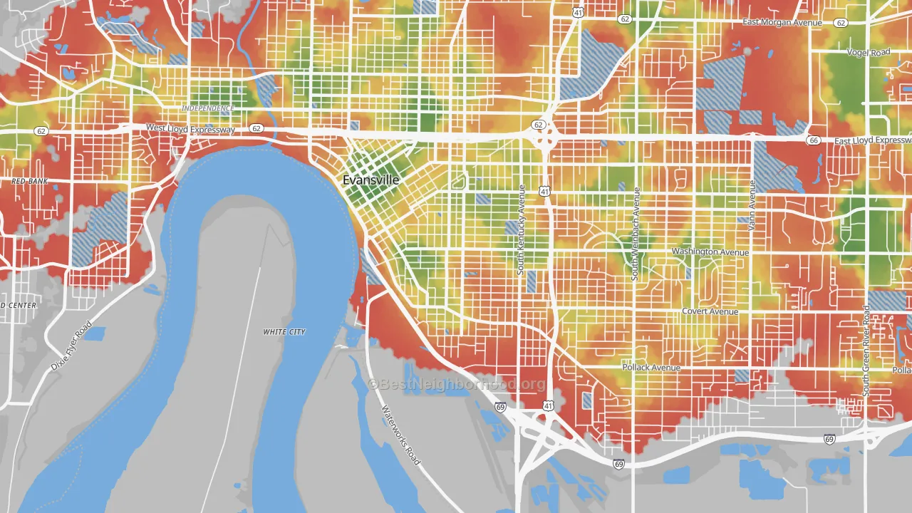 Walk Grade map of 47713, IN, walkable areas in green and car-dependent areas in red