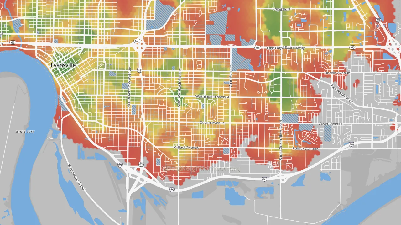 Walk Grade map of 47714, IN, walkable areas in green and car-dependent areas in red