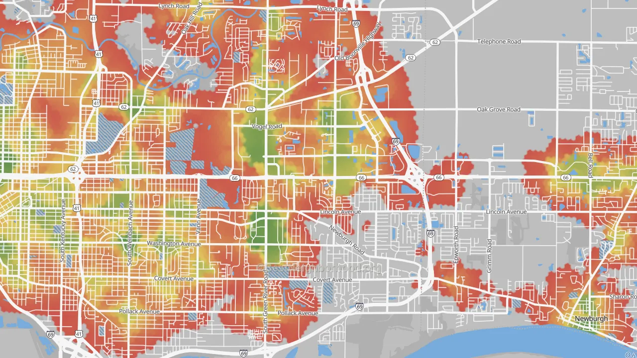 Walk Grade map of 47715, IN, walkable areas in green and car-dependent areas in red