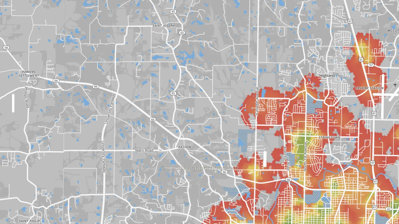 Walk Grade map of 47720, IN, walkable areas in green and car-dependent areas in red