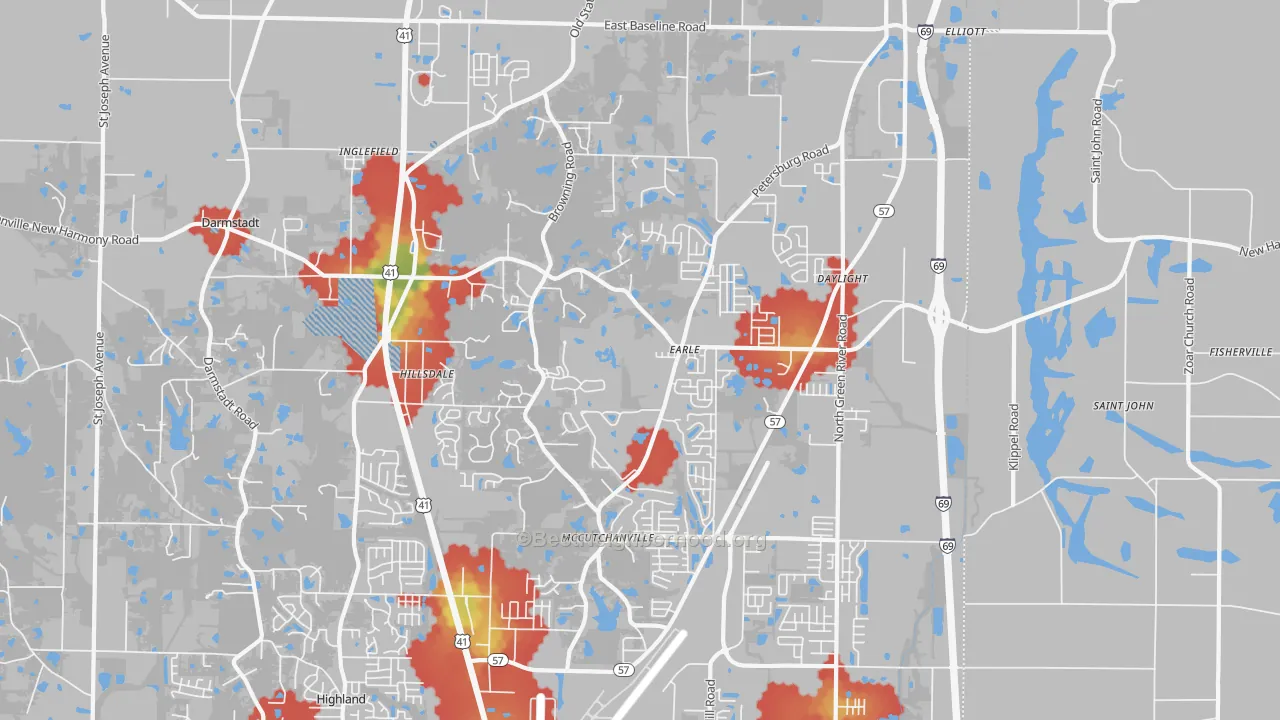 Walk Grade map of 47725, IN, walkable areas in green and car-dependent areas in red