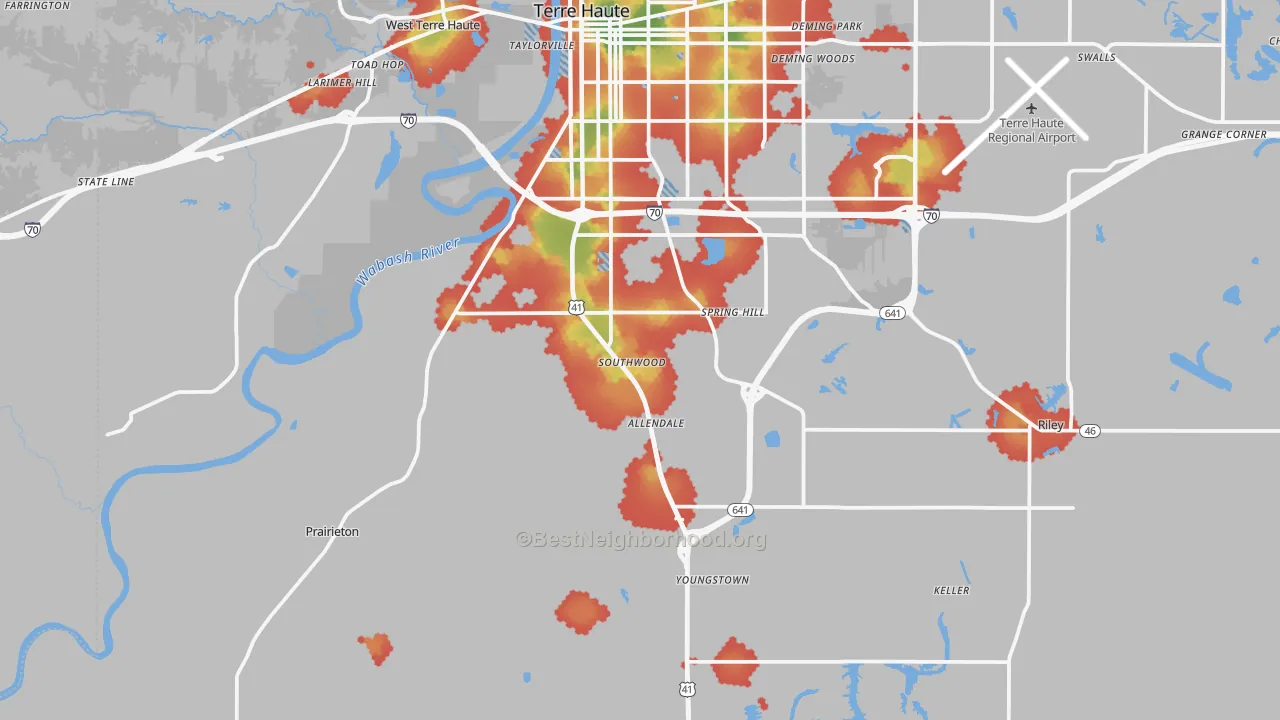 Walk Grade map of 47802, IN, walkable areas in green and car-dependent areas in red