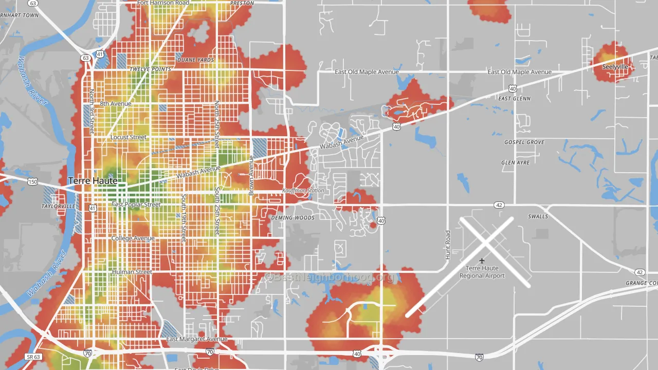 Walk Grade map of 47803, IN, walkable areas in green and car-dependent areas in red