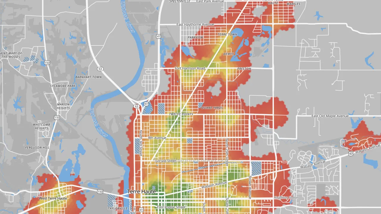 Walk Grade map of 47804, IN, walkable areas in green and car-dependent areas in red