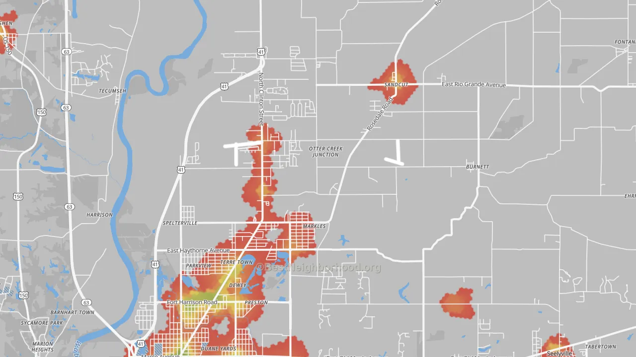 Walk Grade map of 47805, IN, walkable areas in green and car-dependent areas in red