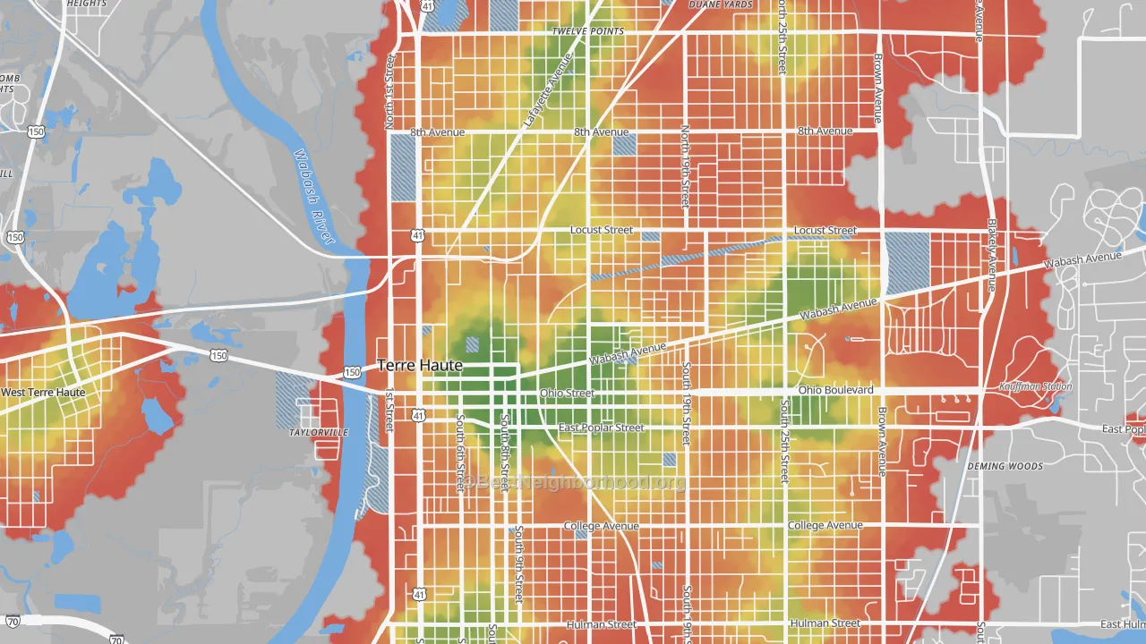 Walk Grade map of 47807, IN, walkable areas in green and car-dependent areas in red