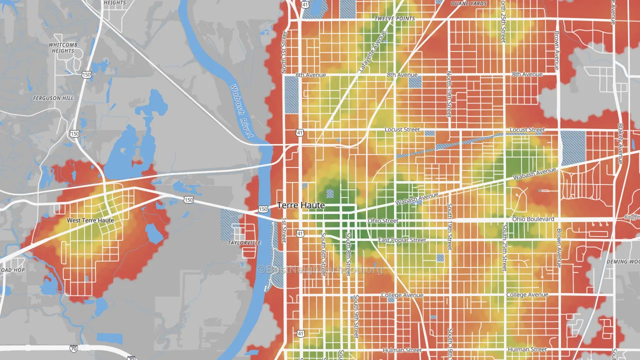Walk Grade map of 47809, IN, walkable areas in green and car-dependent areas in red
