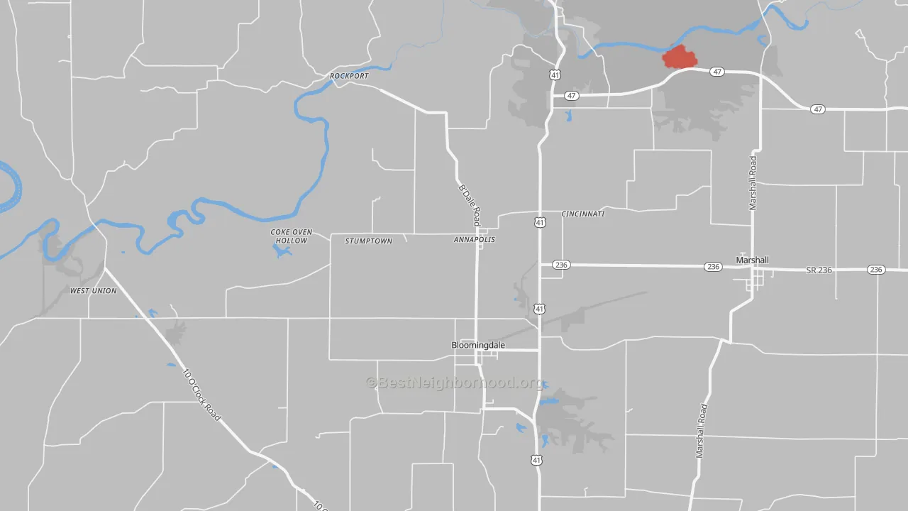 Walk Grade map of 47832, IN, walkable areas in green and car-dependent areas in red