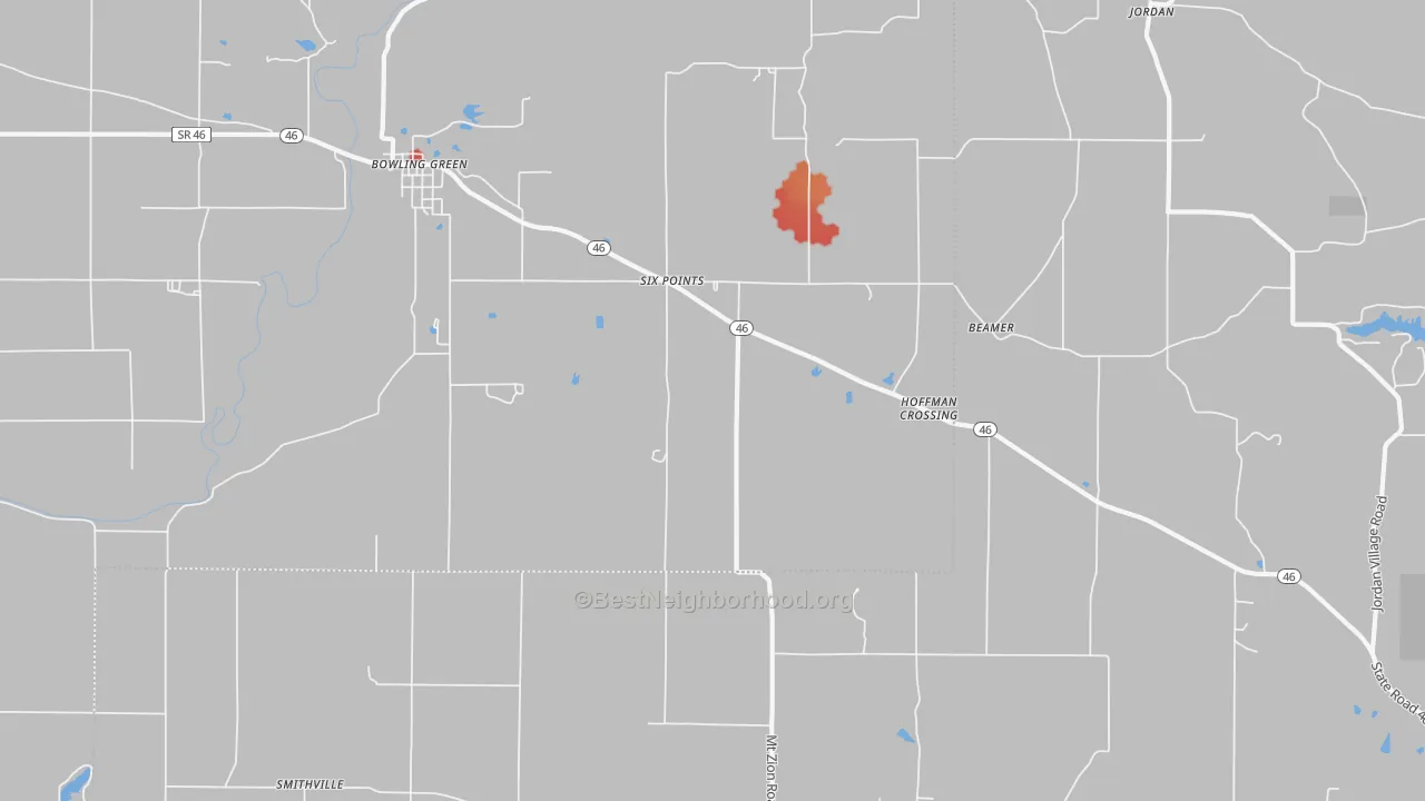 Walk Grade map of 47833, IN, walkable areas in green and car-dependent areas in red