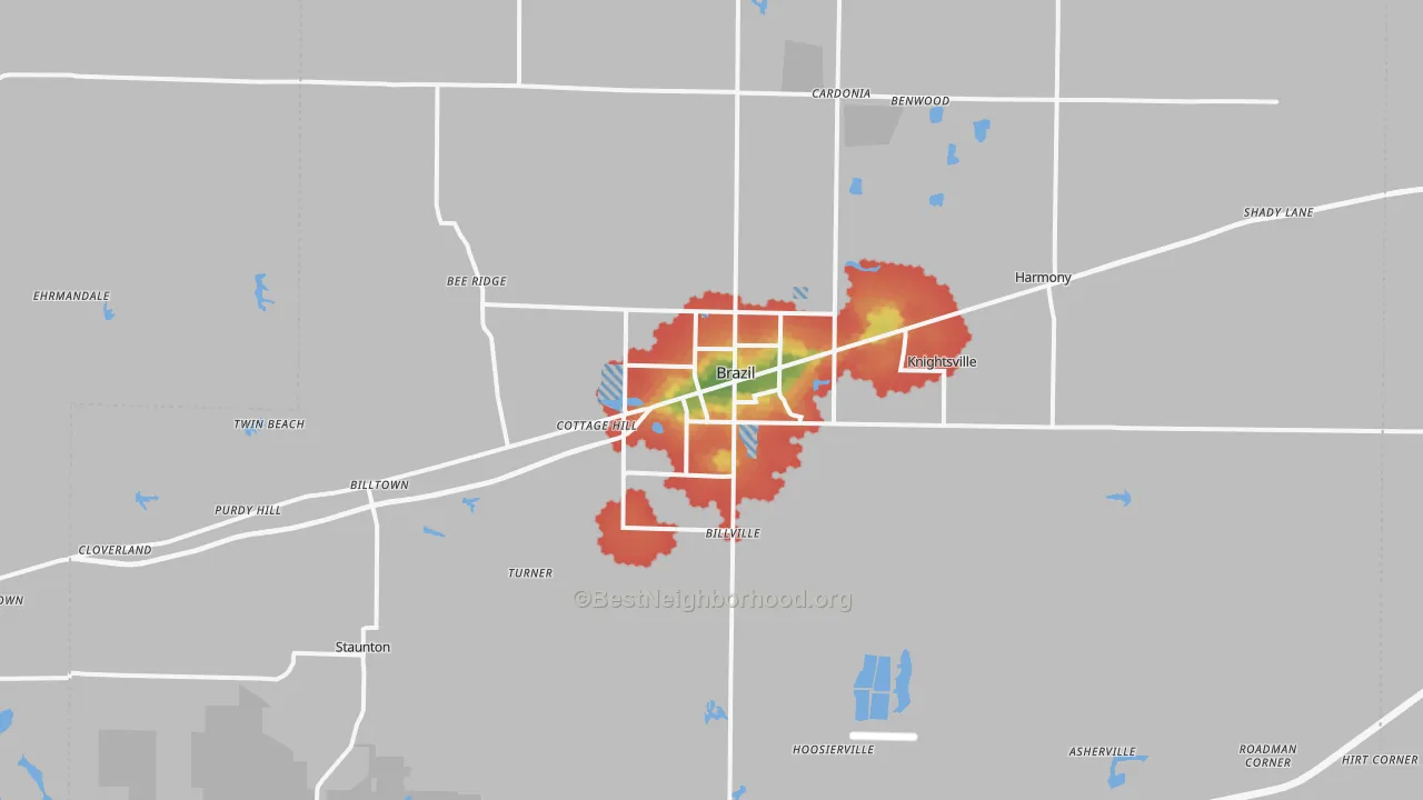 Walk Grade map of 47834, IN, walkable areas in green and car-dependent areas in red