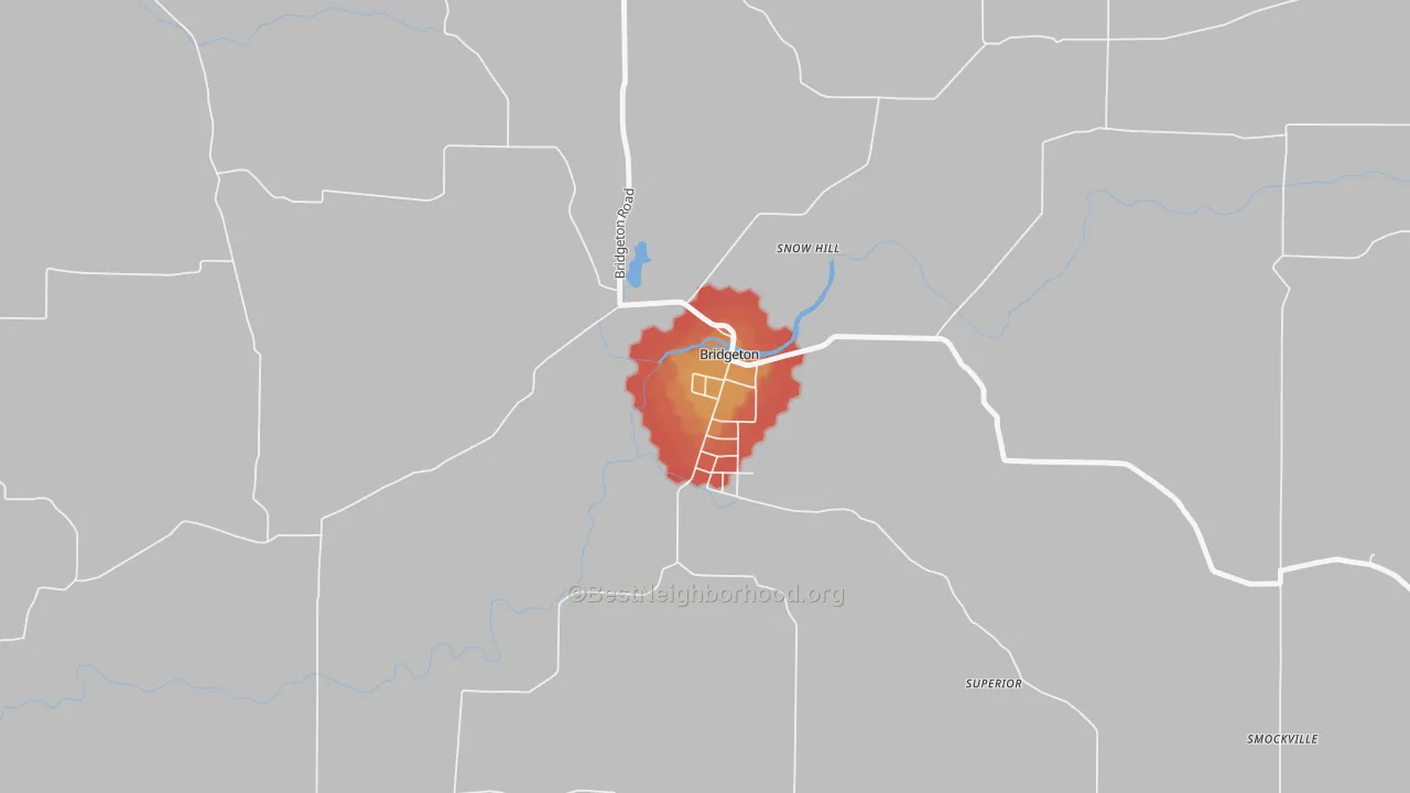 Walk Grade map of 47836, IN, walkable areas in green and car-dependent areas in red