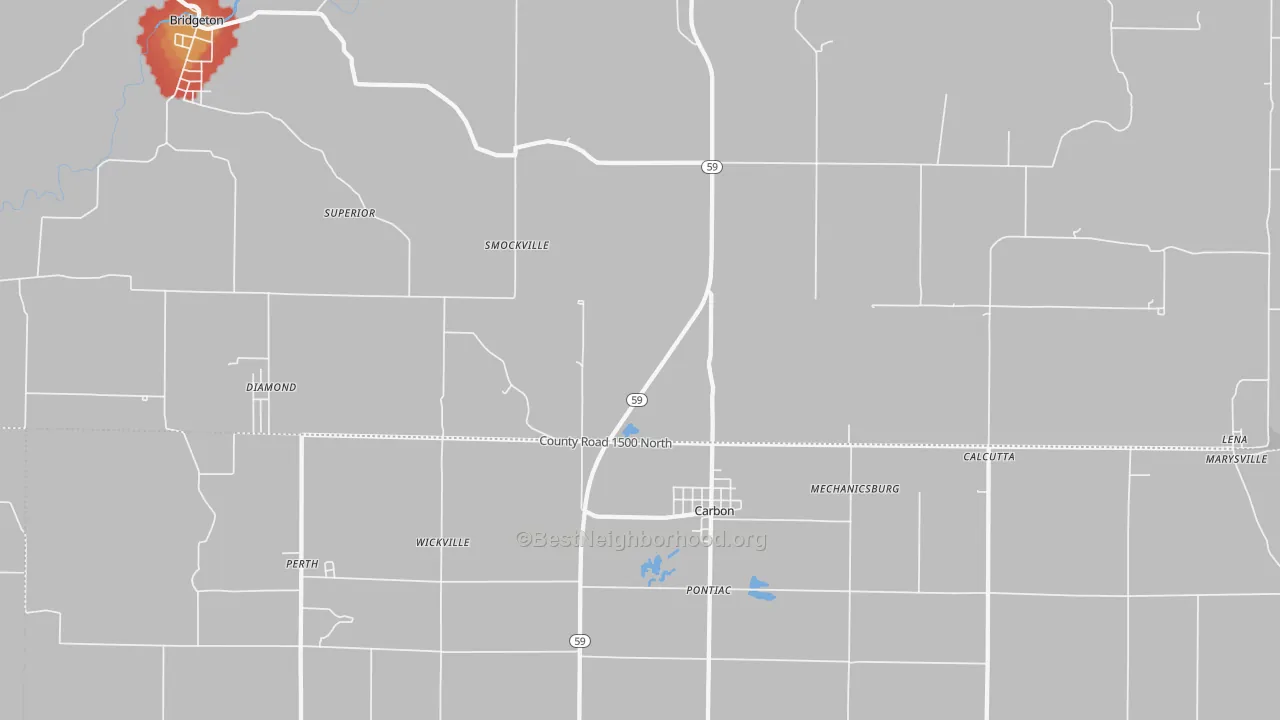 Walk Grade map of 47837, IN, walkable areas in green and car-dependent areas in red