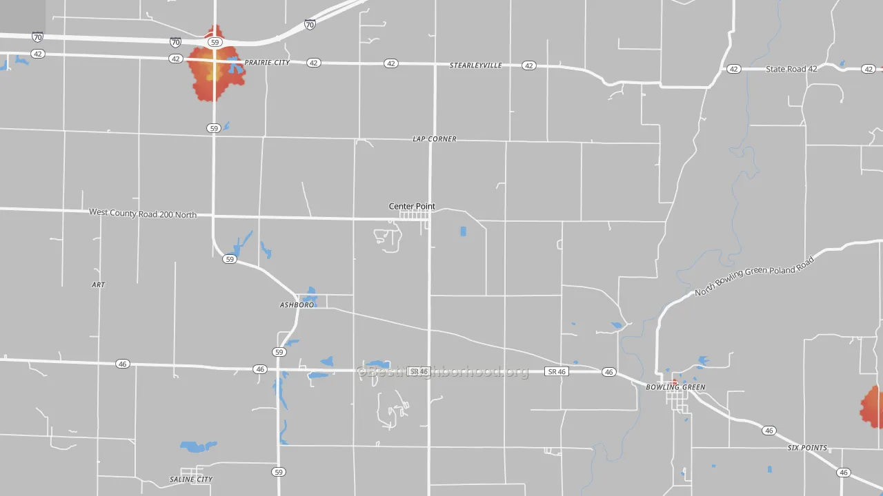 Walk Grade map of 47840, IN, walkable areas in green and car-dependent areas in red