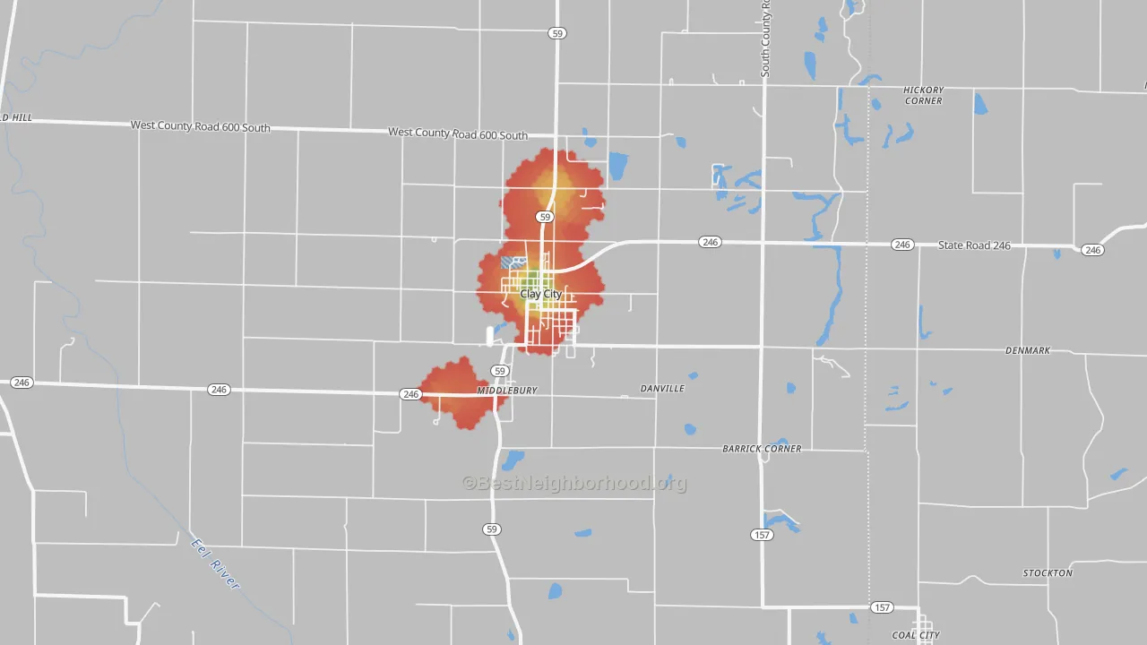 Walk Grade map of 47841, IN, walkable areas in green and car-dependent areas in red