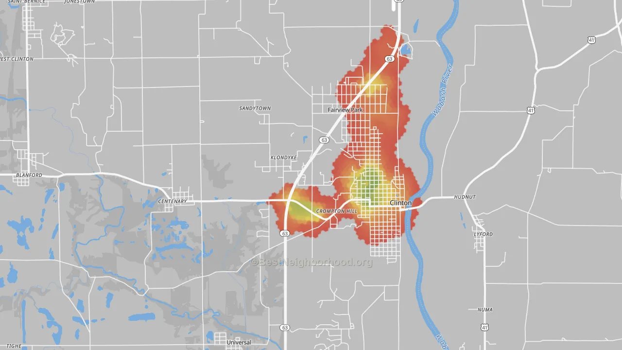 Walk Grade map of 47842, IN, walkable areas in green and car-dependent areas in red