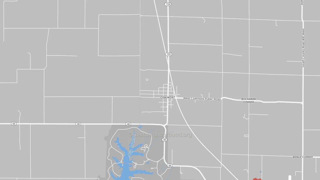 Walk Grade map of 47845, IN, walkable areas in green and car-dependent areas in red