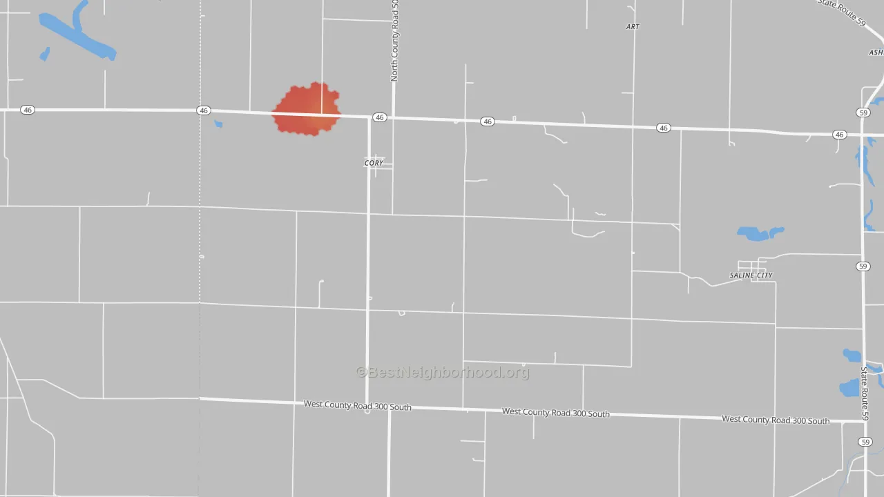 Walk Grade map of 47846, IN, walkable areas in green and car-dependent areas in red