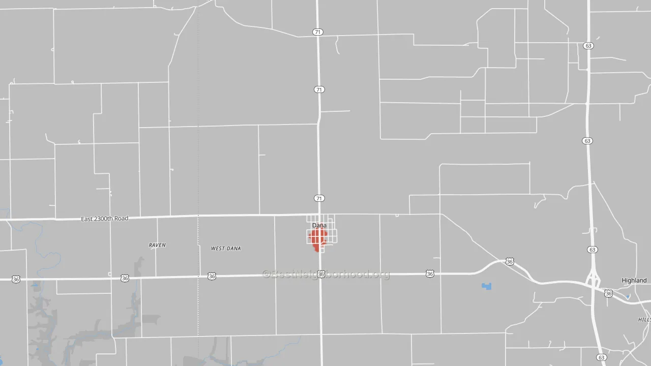 Walk Grade map of 47847, IN, walkable areas in green and car-dependent areas in red
