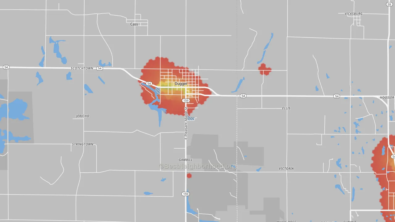 Walk Grade map of 47848, IN, walkable areas in green and car-dependent areas in red