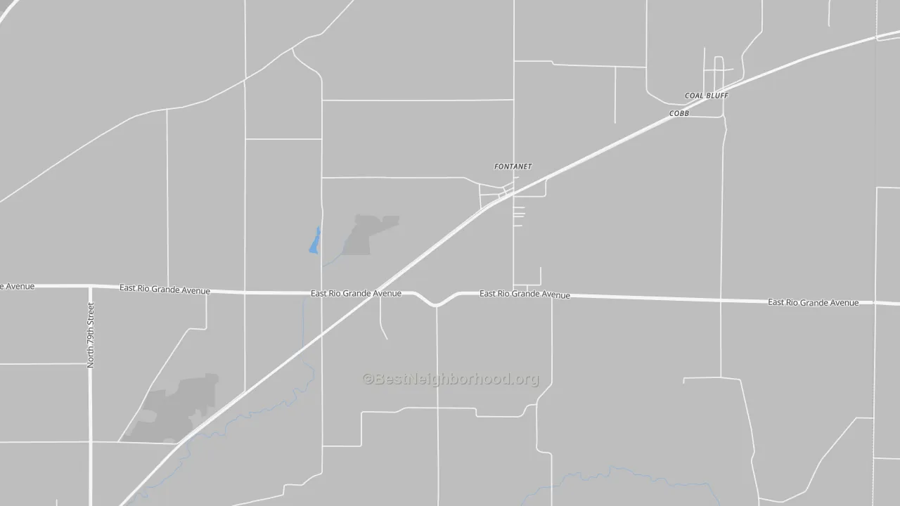 Walk Grade map of 47851, IN, walkable areas in green and car-dependent areas in red