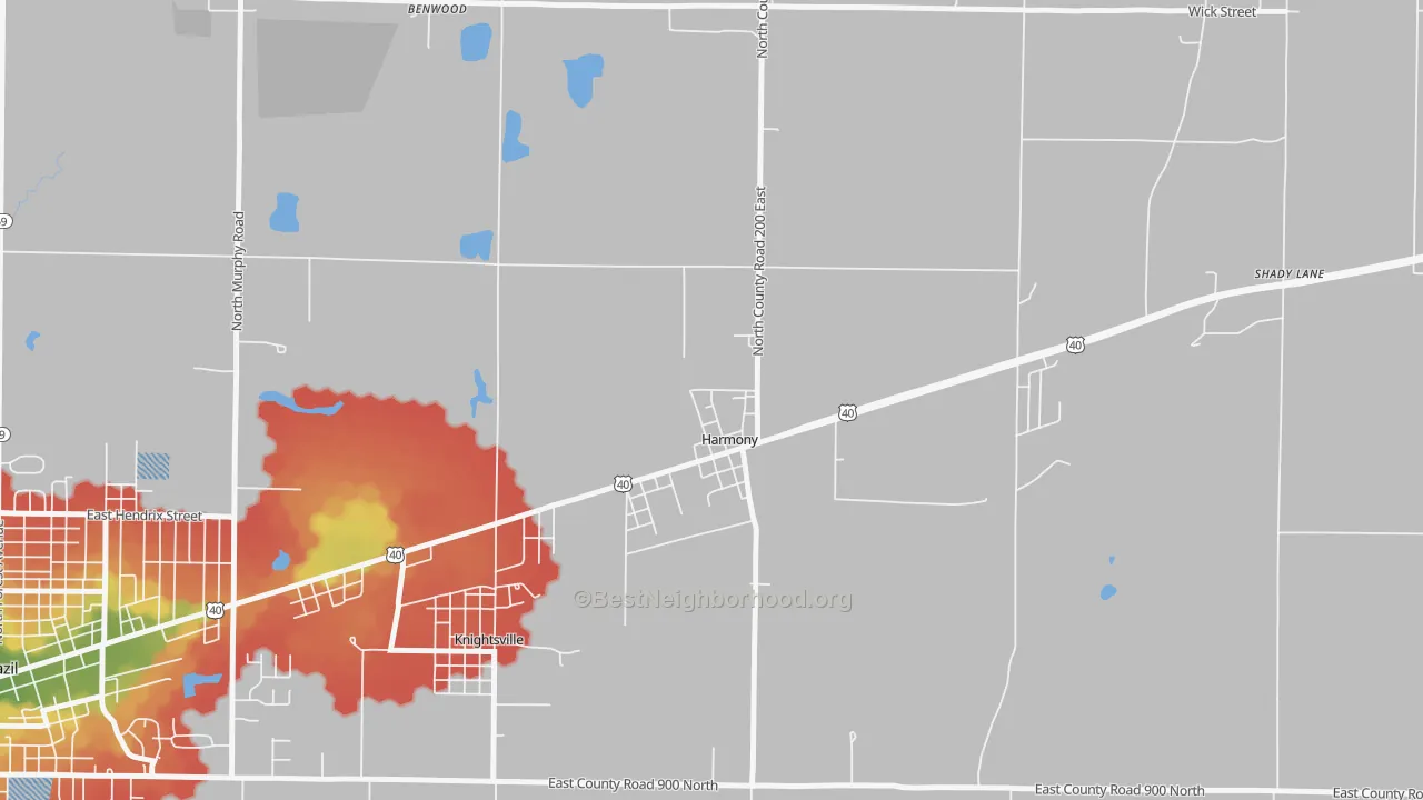 Walk Grade map of 47853, IN, walkable areas in green and car-dependent areas in red