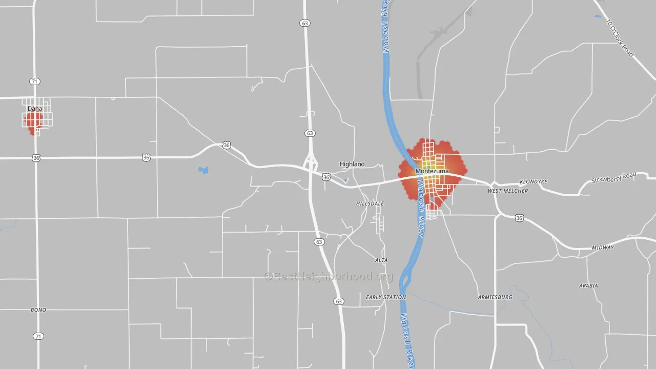 Walk Grade map of 47854, IN, walkable areas in green and car-dependent areas in red