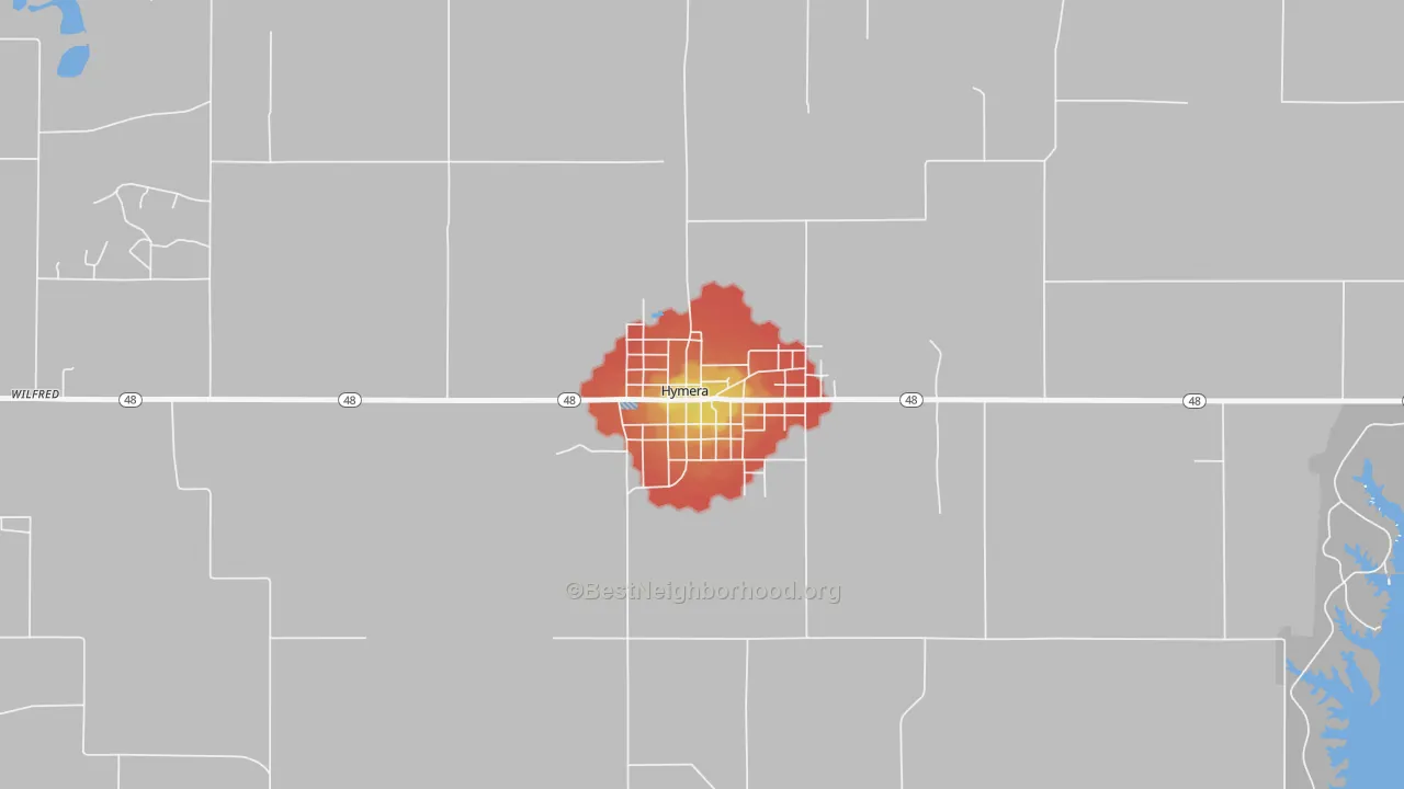 Walk Grade map of 47855, IN, walkable areas in green and car-dependent areas in red