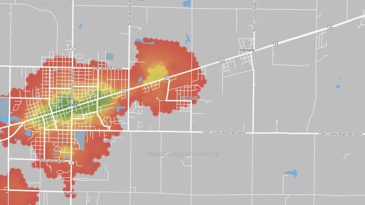 Walk Grade map of 47857, IN, walkable areas in green and car-dependent areas in red