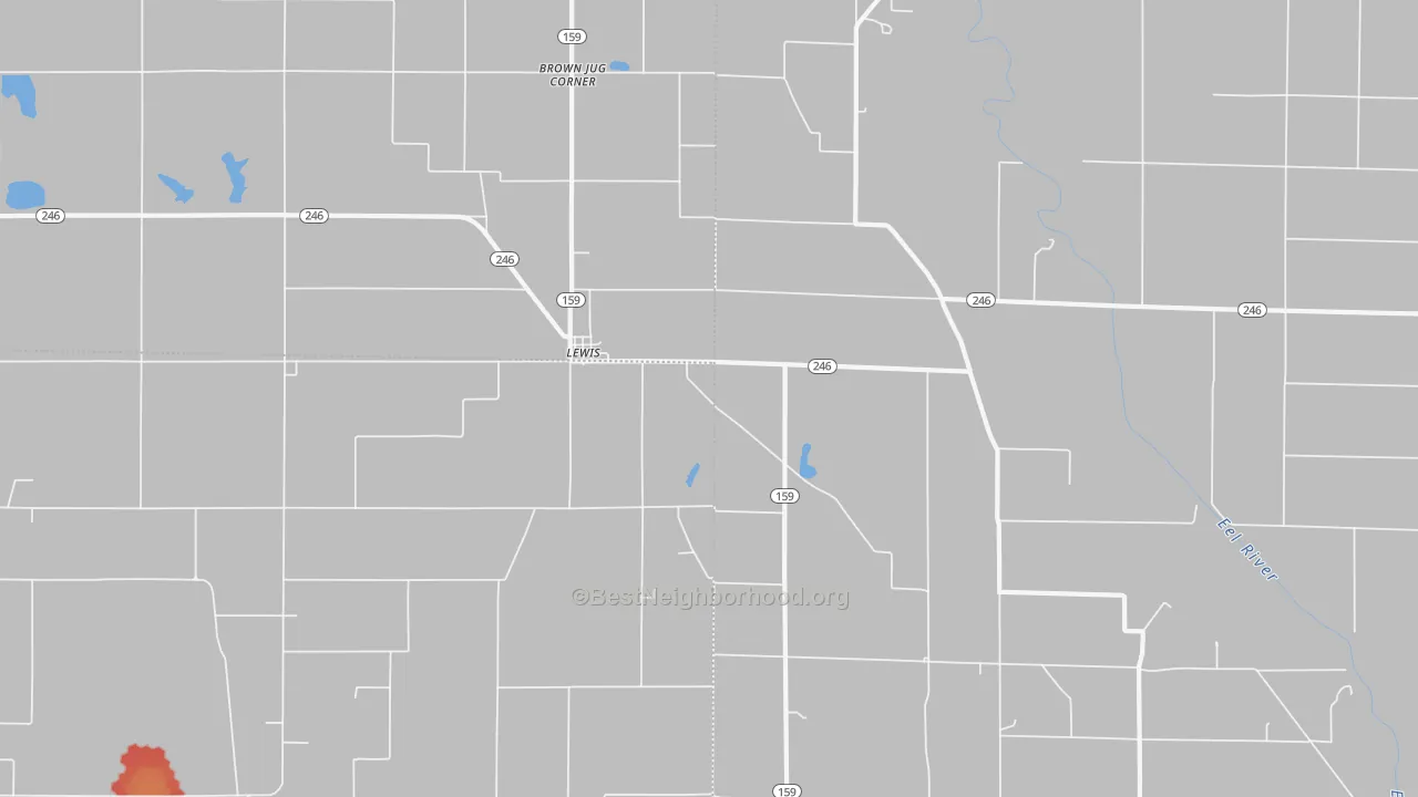 Walk Grade map of 47858, IN, walkable areas in green and car-dependent areas in red