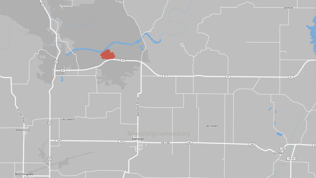 Walk Grade map of 47859, IN, walkable areas in green and car-dependent areas in red