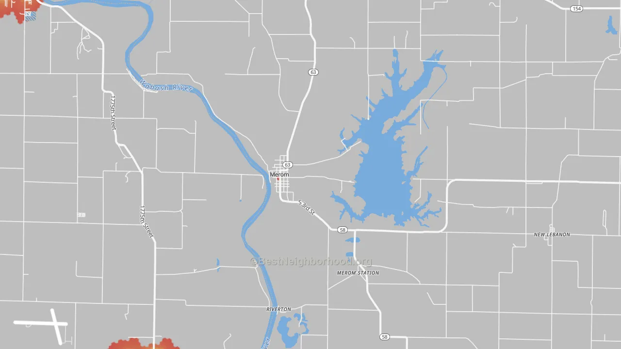 Walk Grade map of 47861, IN, walkable areas in green and car-dependent areas in red