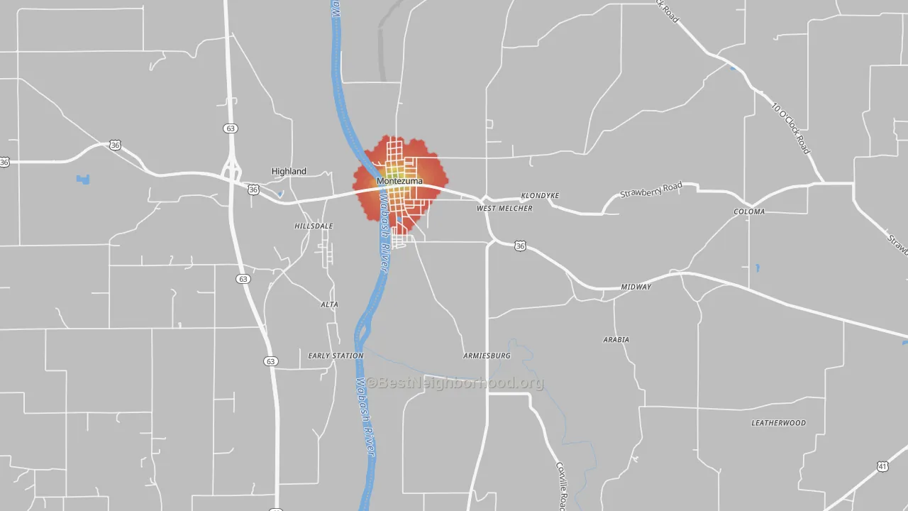 Walk Grade map of 47862, IN, walkable areas in green and car-dependent areas in red
