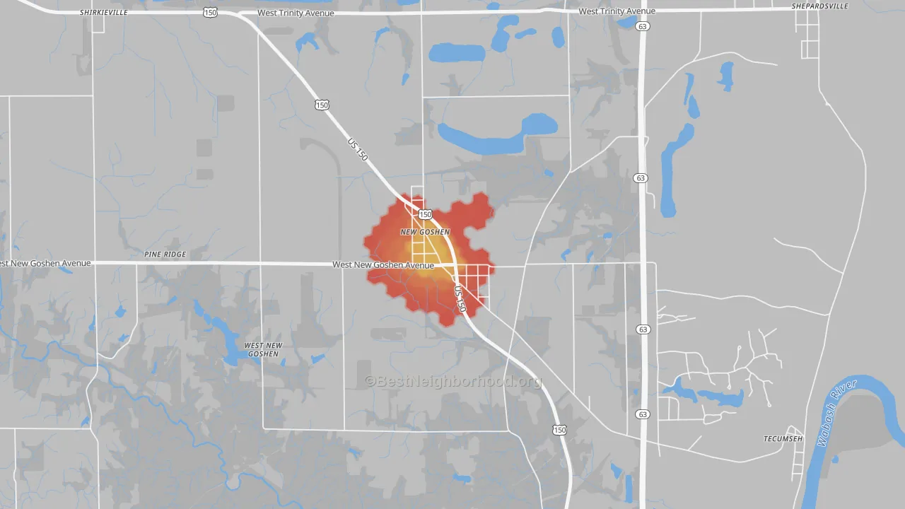 Walk Grade map of 47863, IN, walkable areas in green and car-dependent areas in red