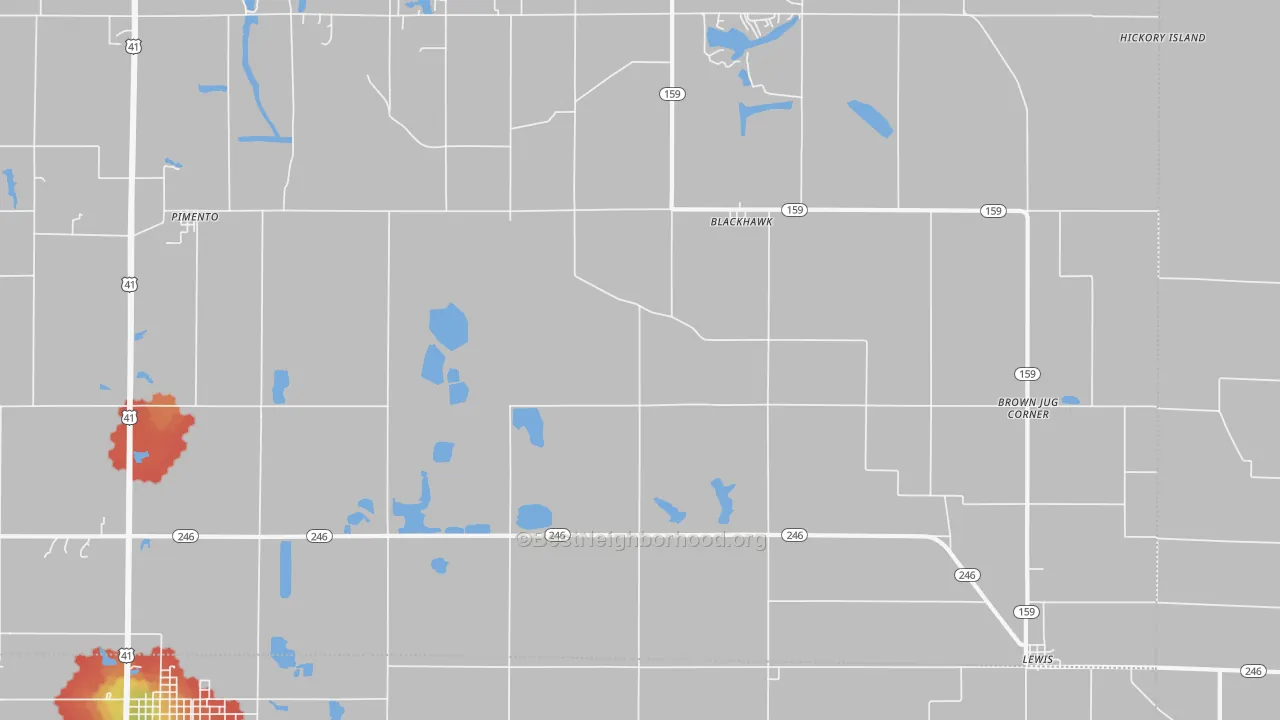 Walk Grade map of 47866, IN, walkable areas in green and car-dependent areas in red