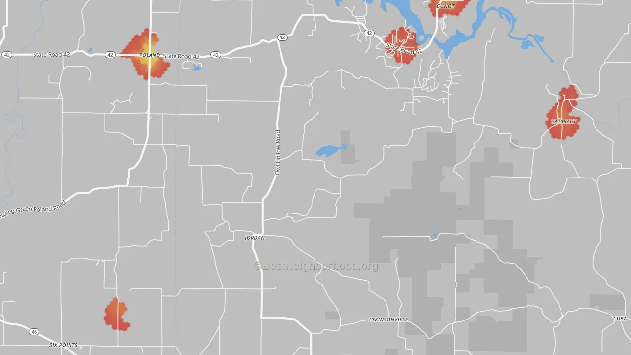 Walk Grade map of 47868, IN, walkable areas in green and car-dependent areas in red