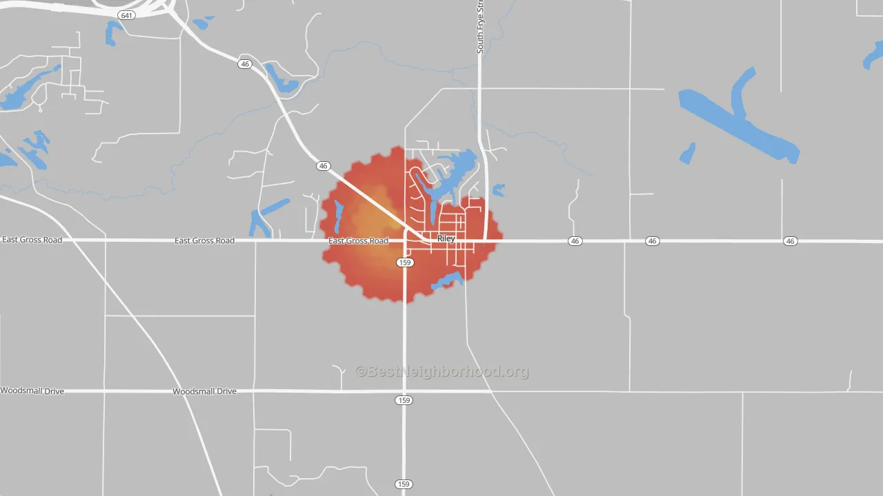 Walk Grade map of 47871, IN, walkable areas in green and car-dependent areas in red