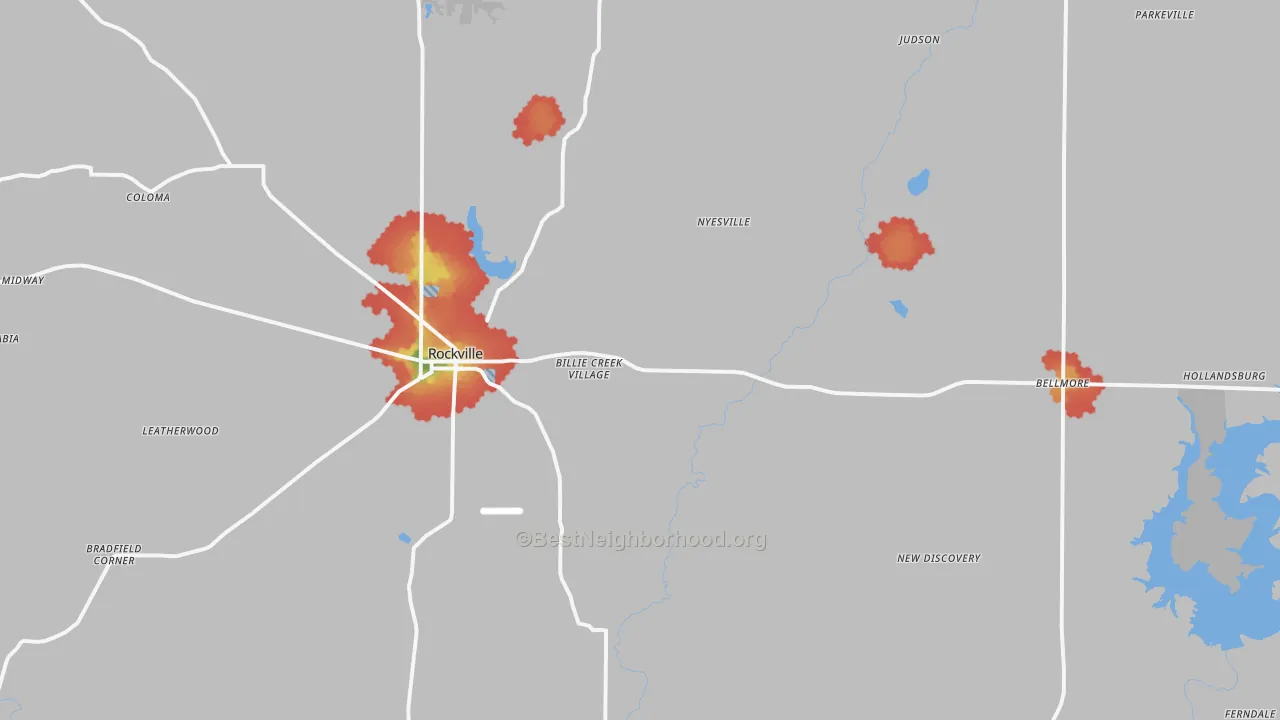 Walk Grade map of 47872, IN, walkable areas in green and car-dependent areas in red