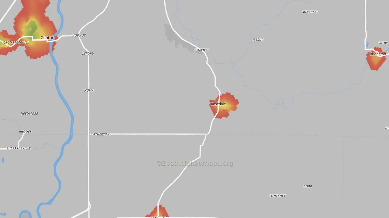 Walk Grade map of 47874, IN, walkable areas in green and car-dependent areas in red