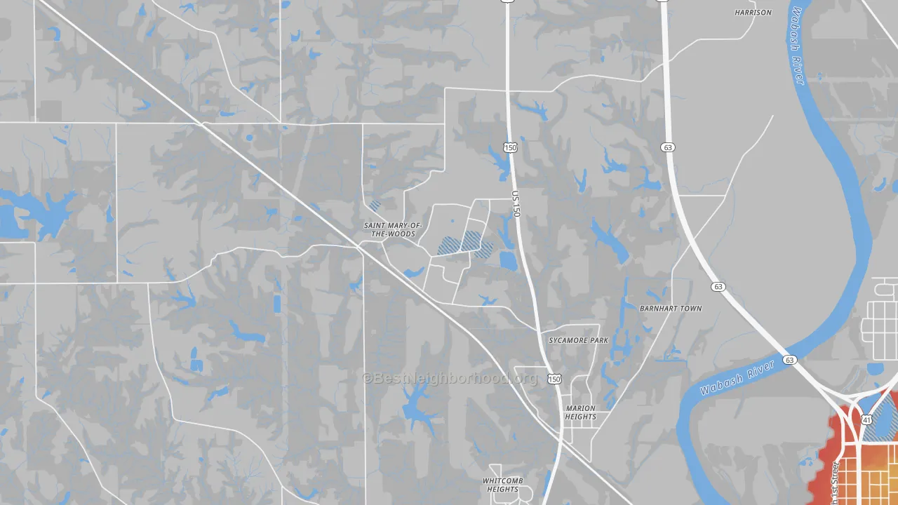 Walk Grade map of 47876, IN, walkable areas in green and car-dependent areas in red
