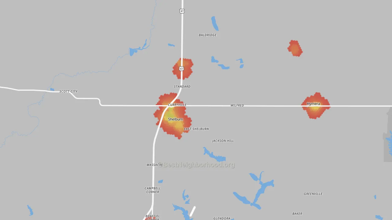 Walk Grade map of 47879, IN, walkable areas in green and car-dependent areas in red