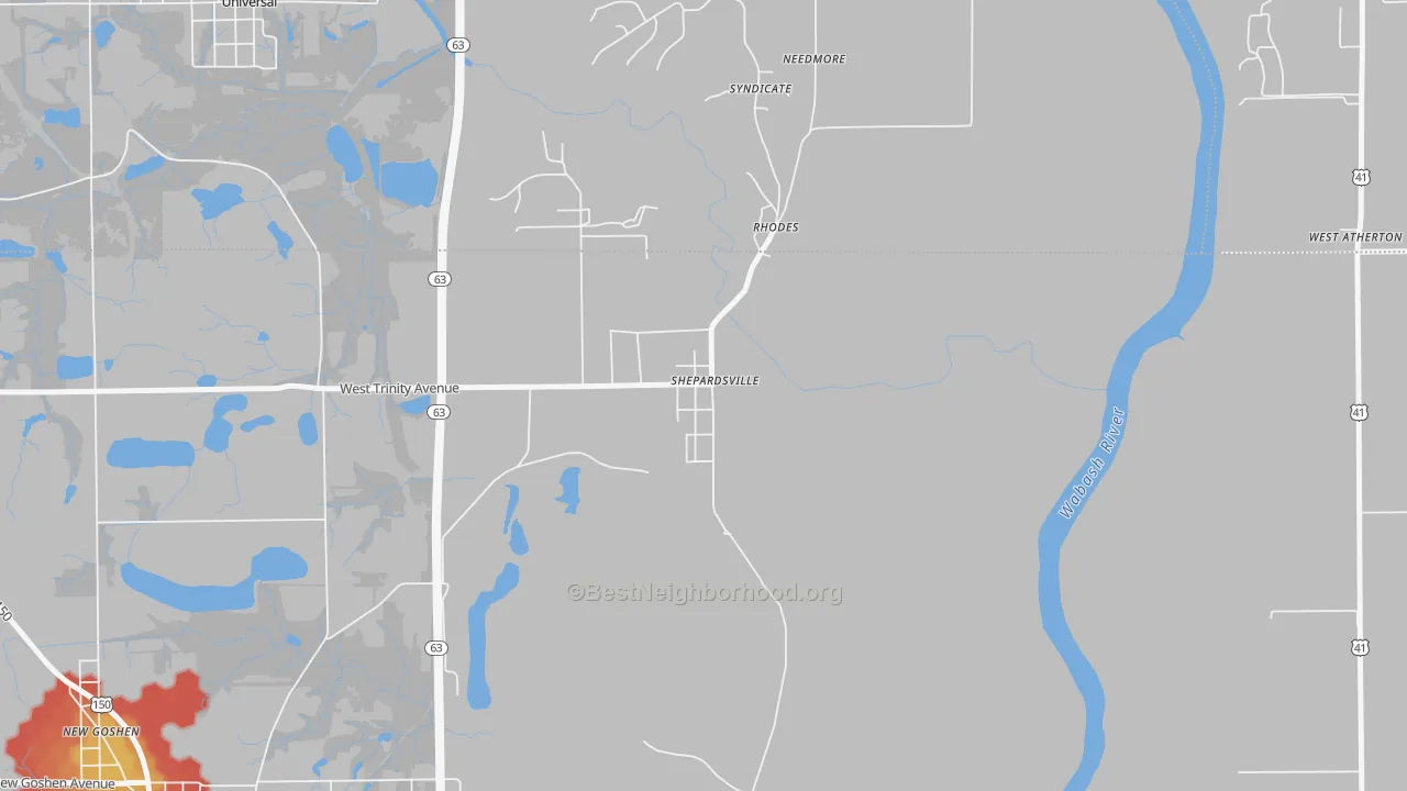 Walk Grade map of 47880, IN, walkable areas in green and car-dependent areas in red