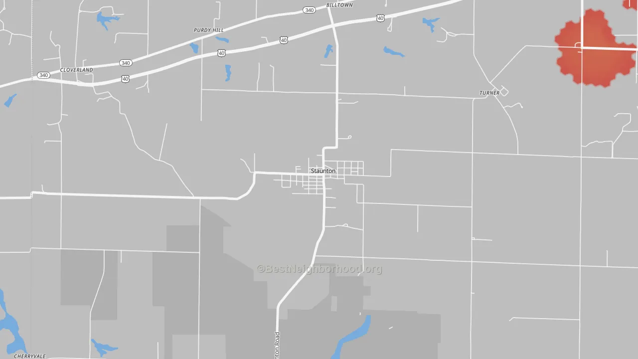 Walk Grade map of 47881, IN, walkable areas in green and car-dependent areas in red