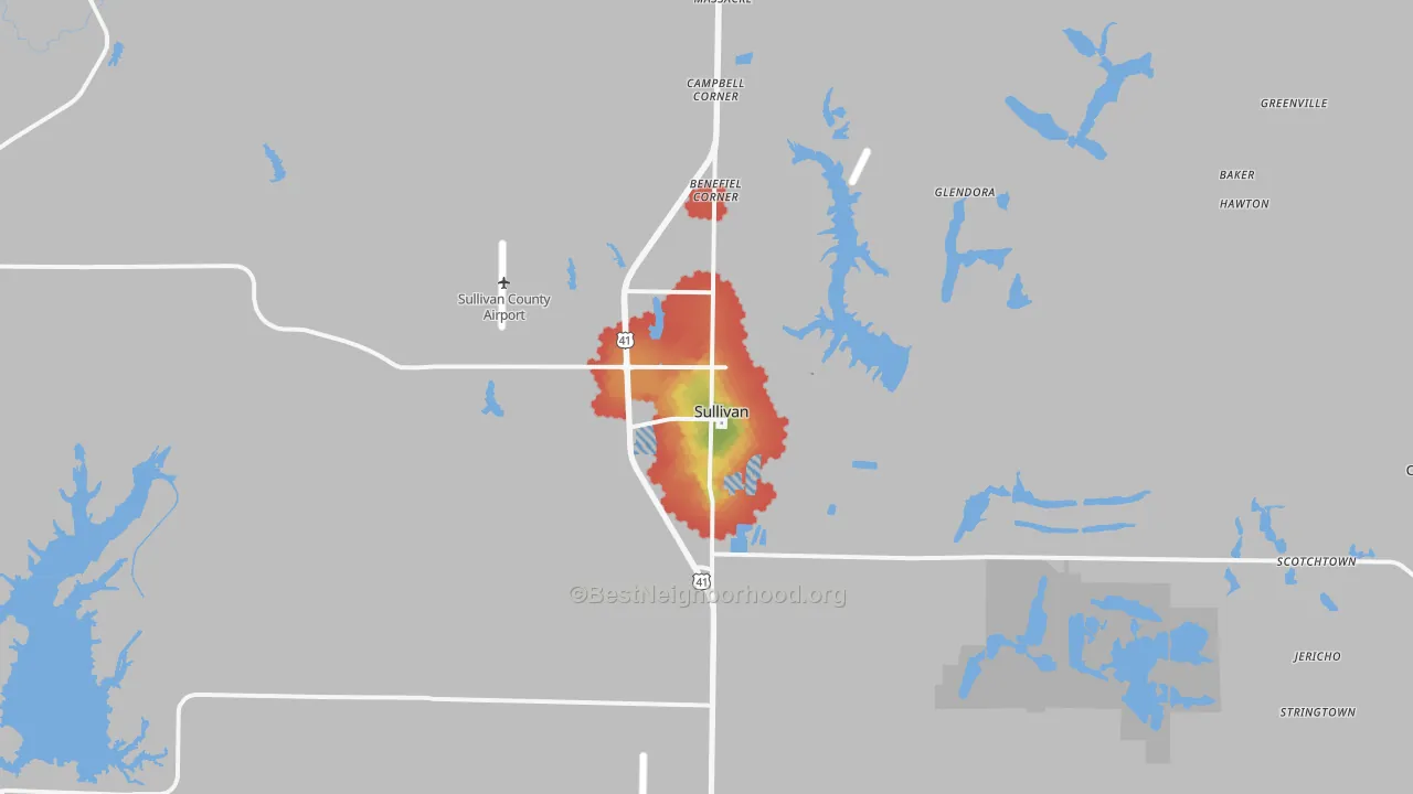 Walk Grade map of 47882, IN, walkable areas in green and car-dependent areas in red