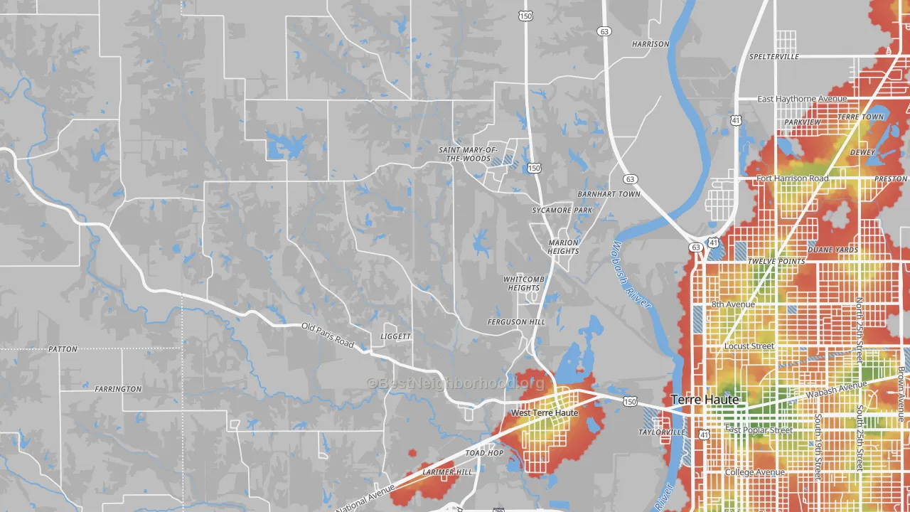 Walk Grade map of 47885, IN, walkable areas in green and car-dependent areas in red