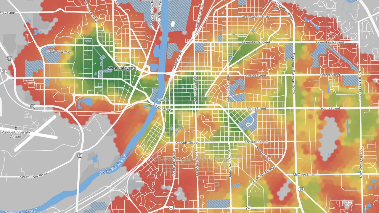 Walk Grade map of 47901, IN, walkable areas in green and car-dependent areas in red