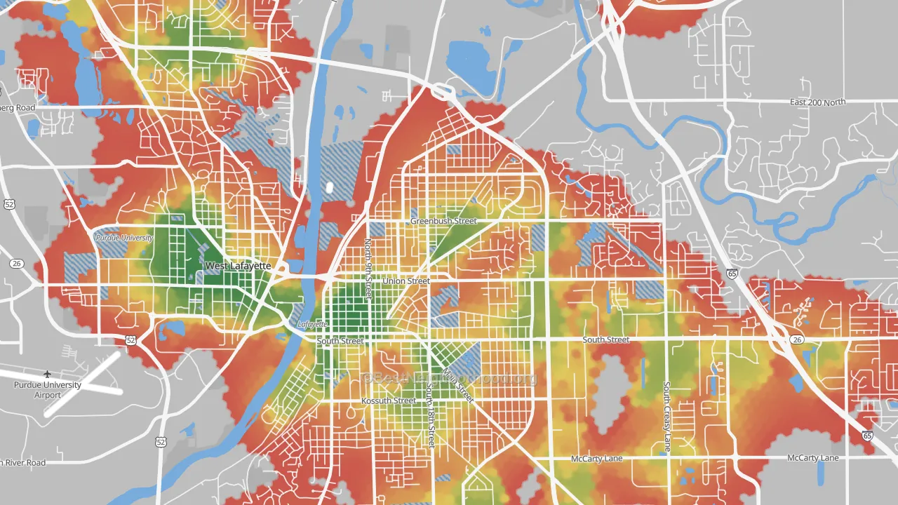 Walk Grade map of 47904, IN, walkable areas in green and car-dependent areas in red