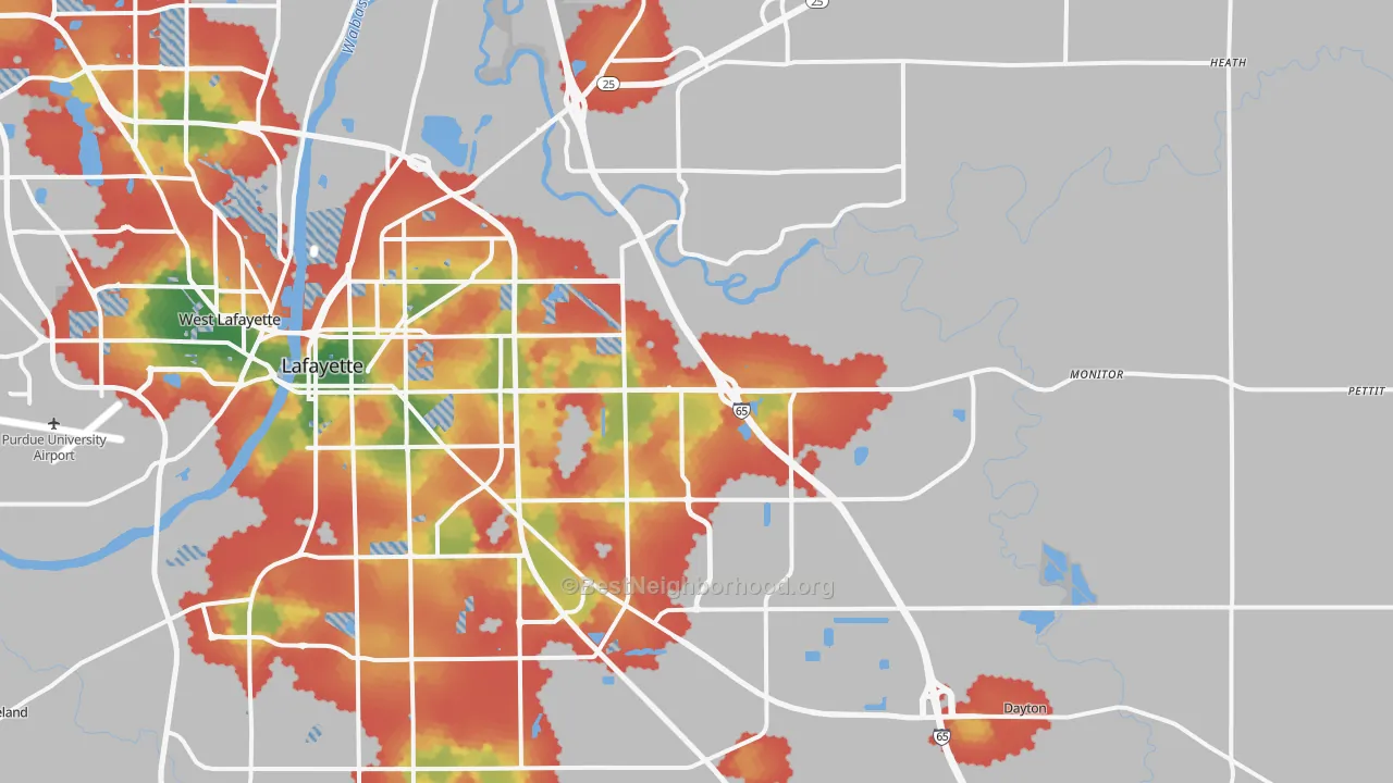 Walk Grade map of 47905, IN, walkable areas in green and car-dependent areas in red