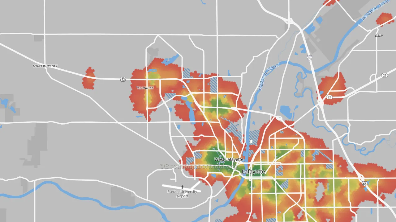 Walk Grade map of 47906, IN, walkable areas in green and car-dependent areas in red